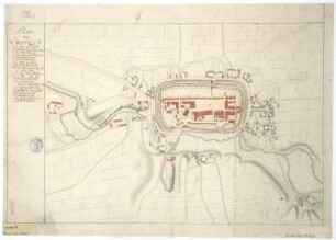 Plan von Czaslau, kolorierte Handzeichnung, um 1750? : Plan von Czaslau. - [S.l.] , [um 1750?]. - 1 Kt. : kol. Handzeichng. ; 43 x 28 cm. Mit Gebäudeverzeichn.