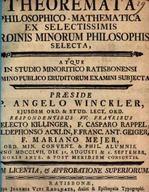Theoremata philosophico-mathematica ex selectissimis ordinis minorum philosophis selecta