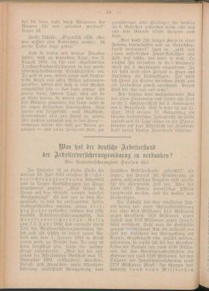 Was hat der deutsche Arbeiterstand der Arbeiterversicherungsordnung zu verdanken? Von Landesversicherungsrat Hansen-Kiel.