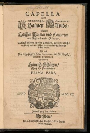 Psalmen Davids Sampt Etlichen Moteten und Concerten ... Capella Prima Pars