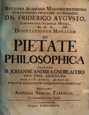 Disputationem moralem de pietate philosophica