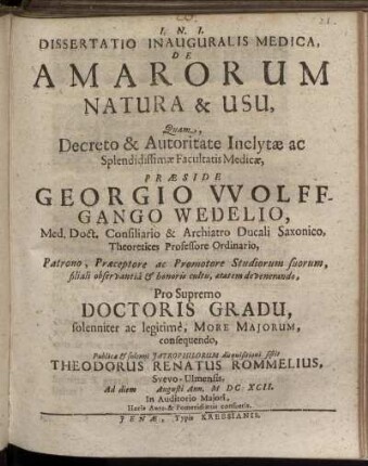 Dissertatio Inauguralis Medica, De Amarorum Natura & Usu
