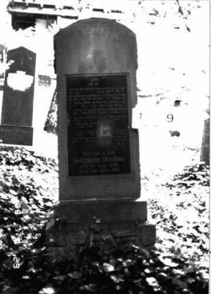 Grabstein 129 (Index: 100101094) Material: Sandstein mit schwarzer Granitplatte Zustand: gut Maße HxBxT: 170x58x26 cm Beschreibung: Stele, getreppter Sockel, unterer Sockel rusticaartig, Segmentbogenabschluß, Schriftplatte rechteckig: Grabstein 129