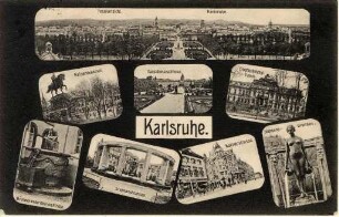 Postkartenalbum. "Karlsruhe". Panorama, Kaiser Wilhelm-Denkmal, Brunnen an der Kleinen Kirche, Stephanbrunnen, Kaiserstraße, Schloss, Erbgroßherzogliches Palais