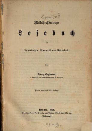 Mittelhochdeutsches Lesebuch : mit Anmerkungen, Grammatik und Wörterbuch