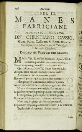 Liber III. Manes Fabriciani. [...] Dn. Christiano Cassio [...]