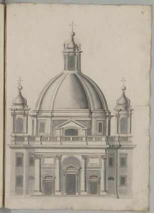 Rom?, Kirche, Zentralbau, Fassade, Aufriss : Rom?, Kirche, Zentralbau, Fassade, Aufriss, unbekannter Zeichner, 1. Hälfte 18. Jh. Feder, Pinsel in Wasserfarbe/Papier. 52,5 x 39 cm. Vgl. Bl. 43.