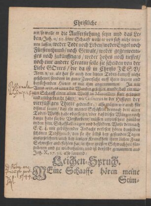 Leichen-Spruch. [...]genommen aus Joh. X, 27. 28. also lautend: