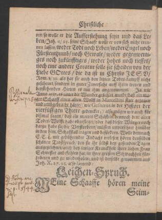 Leichen-Spruch. [...]genommen aus Joh. X, 27. 28. also lautend: