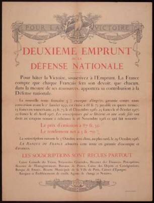 "Deuxième emprunt de la défense nationale" Aufruf zum Kauf von Kriegsanleihen