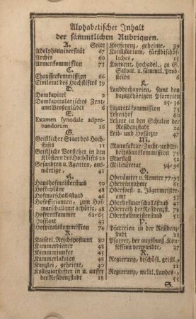 Alphabetischer Inhalt der sämmtlichen Rubriquen.