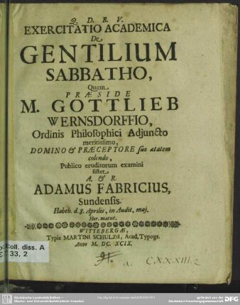 Exercitatio academica de gentilium sabbatho