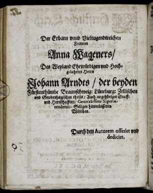 Der Erbarn unnd Vieltugendtreichen Frawen Anna Wageners [...]