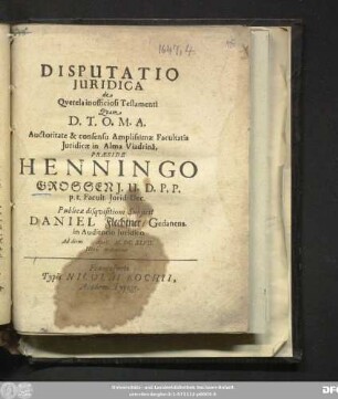 Disputatio Iuridica de Querela inofficiosi Testamenti