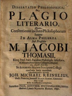 Dissertatio Philosophica, De Plagio Literario