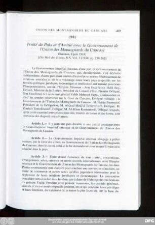 (90) Traité de Paix et d'Amitié avec le Gouvernement de l'Union des Montagnards du Caucase (Batoum, 8 juin 1918)