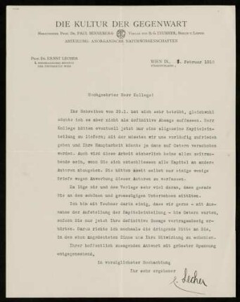 Brief von Ernst Lecher an Karl Schwarzschild, Wien, 3.2.1910