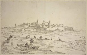 Ansicht einer befestigten Stadt, links vorne eine Kapelle