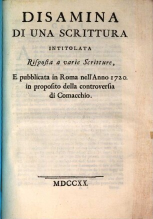 Disamina di una scrittura intitolata risposta a varie scritture