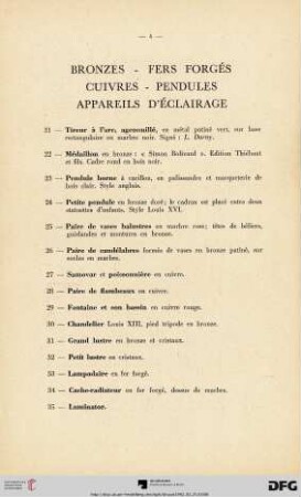 Bronzes - Fers forgés - Cuivres - Pendules - Appareils d'éclairage (Nr. 21-35)