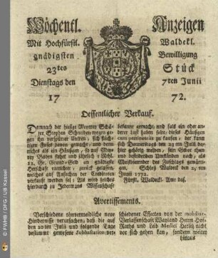 23tes Stueck, Dienstags den 7ten Junii 1772