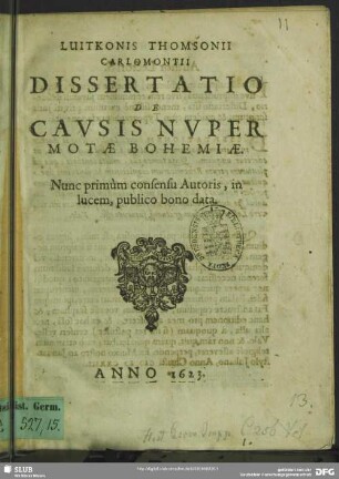 Dissertatio de causis nuper motae Bohemiae