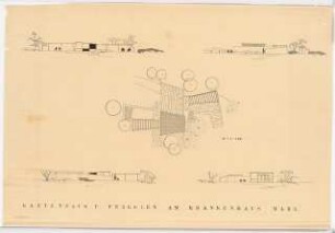 Grünanlage an der Paracelsus-Klinik, Marl: Gartenhaus und Pergolen: Lageplan und 4 Ansichten 1:100