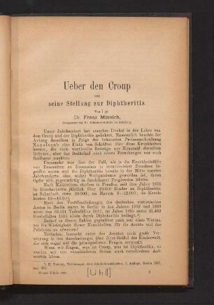 Ueber den Croup und seine Stellung zur Diphtheritis