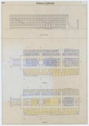 Wettbewerb Filmhaus Esplanade (nicht realisiert), Engere Wahl – Grundrisse 3. OG, 4. OG, Südwestansicht. Berlin-Tiergarten, Potsdamer Platz 2
