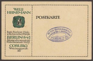 Werbepostkarte Holz- und Rohrmöbelfabrik "Willi Heinemann“, Alexandrinenstraße 95-96