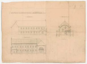 Thiersch, Friedrich von; Aschaffenburg; Kapuzinerkirche, Erweiterung - Ansicht, Querschnitt, Längsschnitt, Lageplan