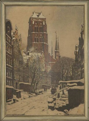 Sankt Marien in Danzig mit der Jopengasse : Farblithographie
