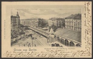 Ansichtskarte Hochbahn von oben, Pferdekutschen und Straßenbahnen sowie Loeser & Wolff, Kottbusser Tor
