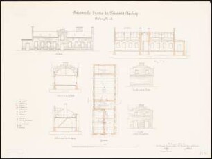 Anatomisches Institut der Philipps-Universität Marburg: Nebengebäude in Grundriss, Aufrissen, Längsschnitt, Querschnitt 1:100