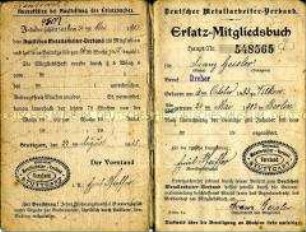 Mitgliedsbuch des Deutschen Metallarbeiterverbandes von Franz Geisler