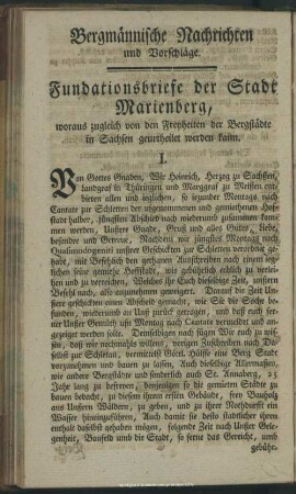 Bergmännische Nachrichten und Vorschläge