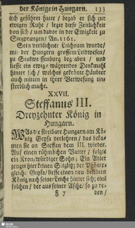 XXVII. Steffanus III. Dreyzehnter König in Hungarn