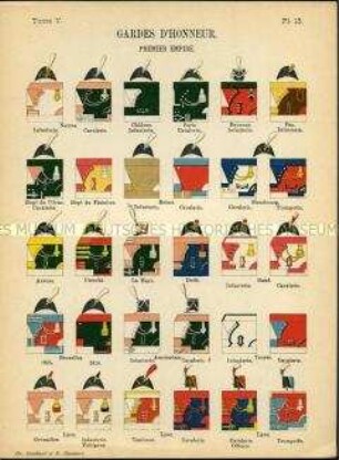 Uniformdarstellung, Detailstudien von Kopfbedeckungen und Abzeichen der Ehrengarde, Erstes Kaiserreich Frankreich, 1804/1814.