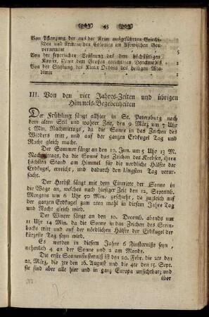 III. Von den vier Jahres-Zeiten und übrigen Himmels-Begebenheiten