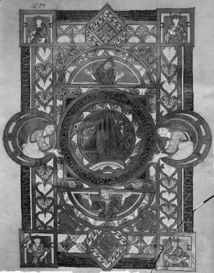 Uta-Evangelistar — Mystische Verehrung der Hand Gottes durch vier bekrönte weibliche Halbfiguren und die vier Kardinaltugenden, Folio 1verso