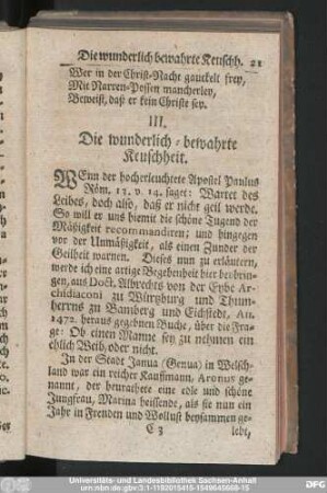 III. Die wunderlich-bewahrte Keuschheit.
