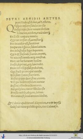 Petri Aegidii Antuerpiani Endecasyllabon ad Lectores