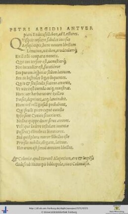 Petri Aegidii Antuerpiani Endecasyllabon ad Lectores