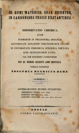 De humi materiis, quae dicuntur, in carbonibus fuscis exstantibus
