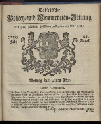 21. Stueck, Montag den 21ten May 1759
