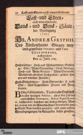 Last-und Ehren- auch immerbleibende Danck- und Denck-Säule