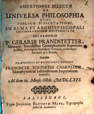 Assertiones selectae ex universa philosophia