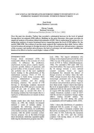 Locational Determinants of Foreign Direct Investment in an Emerging Market Economy: Evidence From Turkey