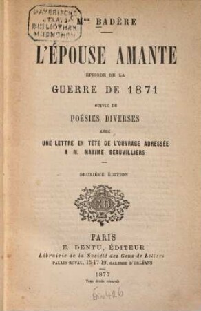 L'épouse amante : Épisode de la guerre de 1871 suivie de poésis diverses