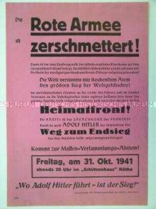 Flugblatt mit der Verkündung des "Sieges" über die Sowjetunion und Aufruf zu einer Massenversammlung
